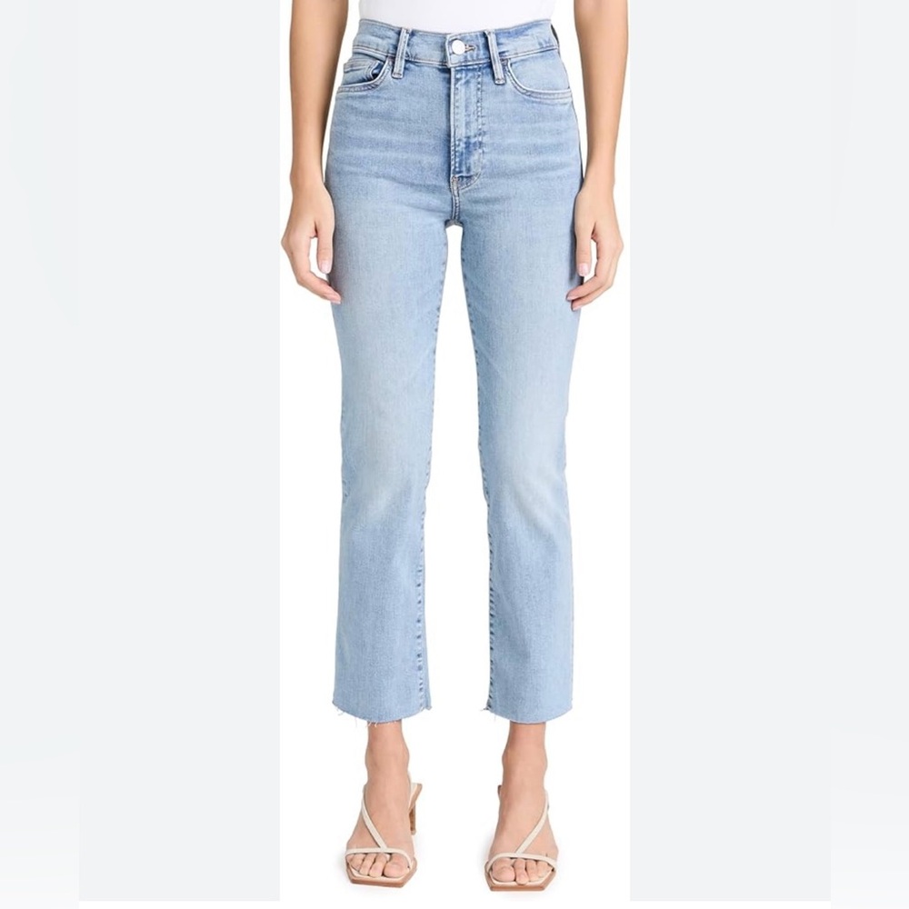 Frame Le High straight jeans in a light denim with frayed hem